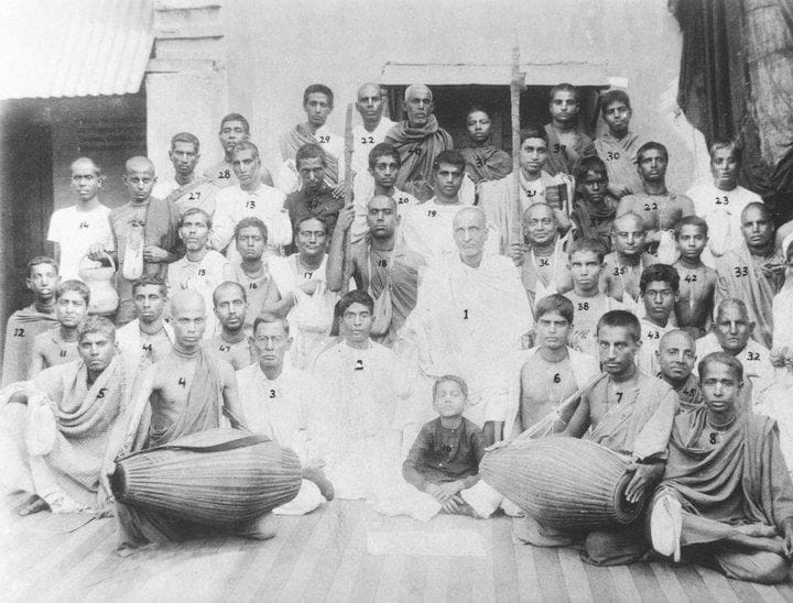 An old photo of Srila Bhaktisiddhanta Saraswati THakur with his disciples.